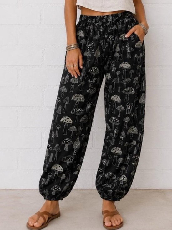None Pants - Handmade Mushroom Jogger Pants S M Black Cotton Boho Granola Festival Whimsigoth